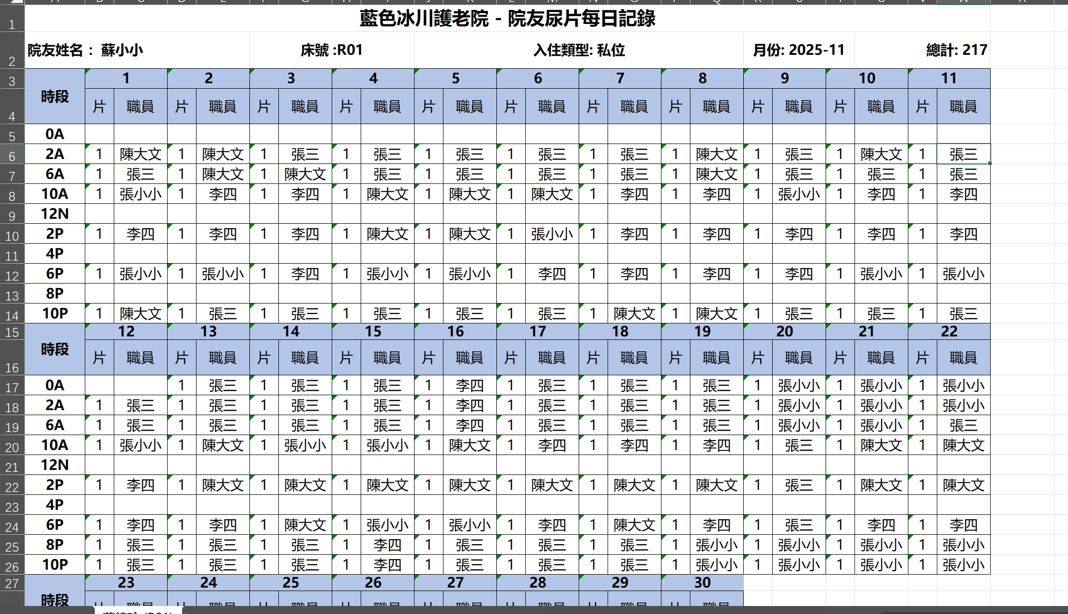 院友尿片每日記錄